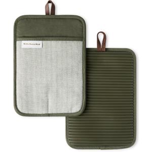 KITCHENAID Evergreen Design Series Herringbone Ribbed Soft Silicone Pot Holders 2-Pack Set, Heat Resistant up to 500F, Flexible & Waterproof, Deep Forest Green, 7"x10"