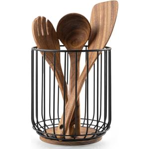 getstar Kitchen Utensil Holder, Large Wire Utensil Holder for Kitchen Counter (W6.2 x H7.5) with Acacia Base