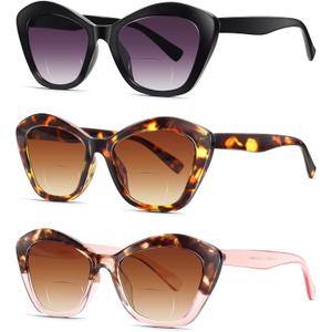 LADEESSE 3 Pack Bifocal Reading Sunglasses for Women Fashion Cateye Sun Readers Outdoor Reading Glasses UV400 +2.00Protection (3 Pack Mix Color)
