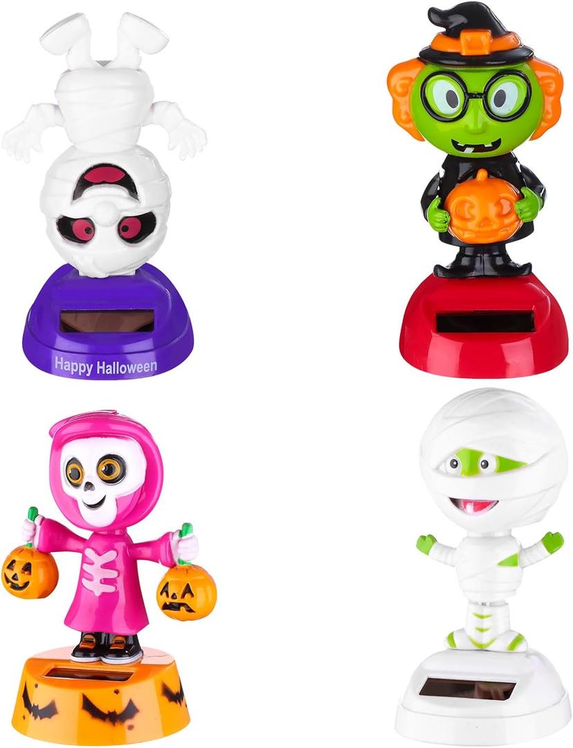 4 Pack Halloween Solar Powered Dancing Toys Skull Pumpkin Zombie Elf Witch Car Shaking Head Dancer Doll Halloween Toy Figurines Car Windowsill Decor for Car Dashboard Toys Gift Office Desk