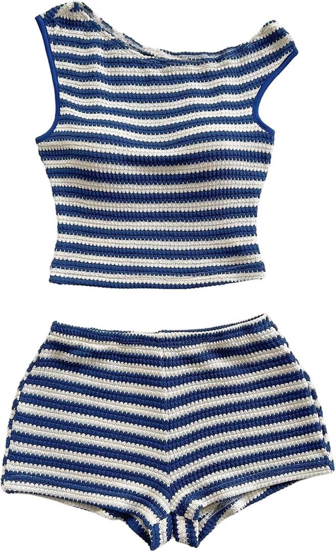 Verdusa Women's 2 Piece Striped Outfits Off The Shoulder Crop Tops and Mini Shorts Set (Large, Blue and White)