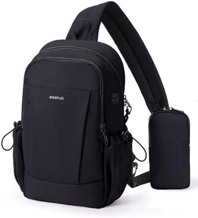 ECOHUB Anti-Theft Crossbody Bag Men Women, RFID Blocking Lightweight Sling Backpack Eco-Friendly with 9 Pockets Sturdy SBS Zippers Water Resistant for Travel Work Hiking Outdoor, Black