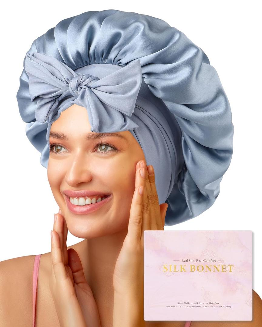 AWAYTR 100% Mulberry Silk Hair Bonnet for Women Sleeping with Tie Band 19 Momme Silk Sleep Cap Night (US, Alpha, One Size, Haze Blue)