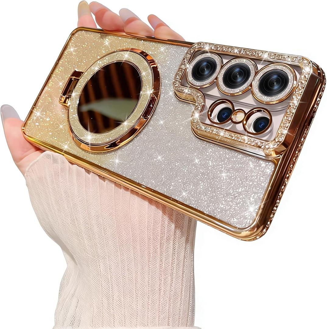 for Samsung S26 Ultra Case Glitter with Kickstand Cute Bling Sparkly Rhinestone Mirror Stand Women Case for Galaxy S26 Ultra Case - Gold