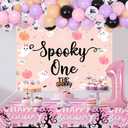 JOYMEMO Halloween 1st Birthday Decorations Girl, Spooky One Backdrop Tablecloth with Pink Purple Halloween Balloon Garland Arch Kit, The Spooky One Cake Topper Cupcake Toppers Party Supplies