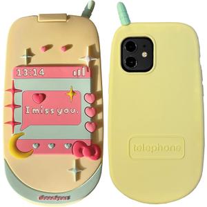 Mirror Case Compatible with iPhone 12/12 ProCute Kawaii 3D Cartoon Retro Phone Cover Fun Soft Rubber Shockproof Protector for Women Girls-Flip Yellow
