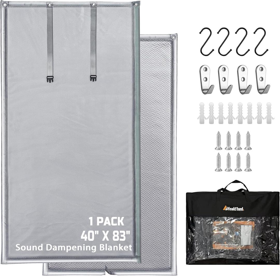 Soundproof Curtains 40" x 83" Acoustic Sound Barrier Dampening Blanket for Doors & Windows, Noise Blocking Blackout Curtain, Use for Recording Studio Home Office, Gray