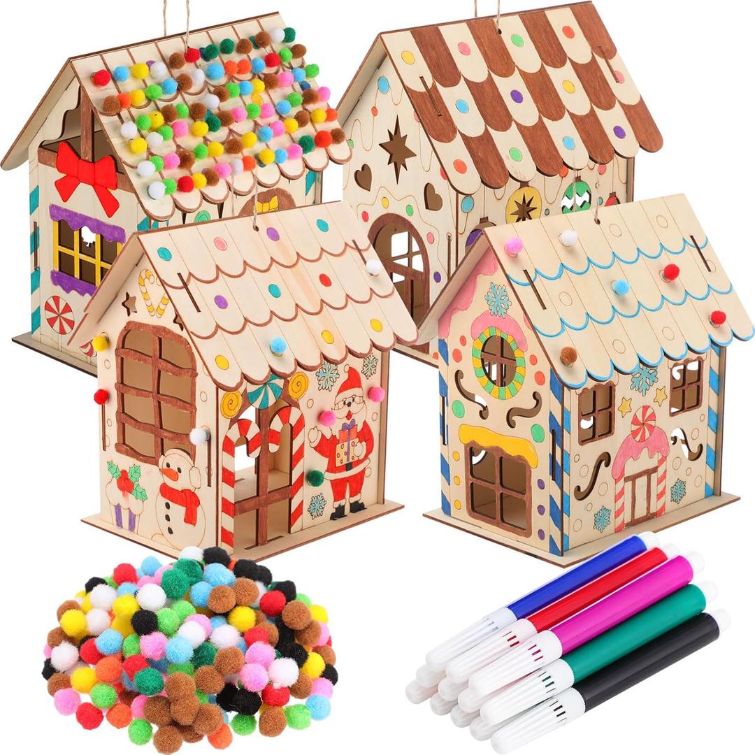 DoubleFill 4 Pack 7 Inch Christmas Gingerbread House Kit, DIY Christmas Village Houses Gingerbread House Include Colorful Pompoms and Water Color Pen for Party Games DIY Gifts (Winter)