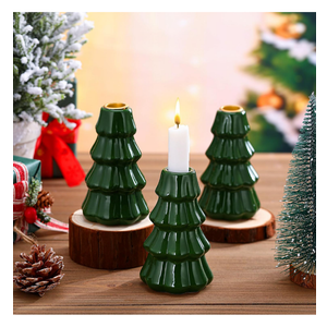 Mumufy 3 Pcs Ceramic Christmas Tree Candle Holder Decor Green Christmas Tree Tabletop Decoration Vintage Decorative Porcelain Taper Candlestick for Winter Holiday Farmhouse Fireplace Centerpiece Decor