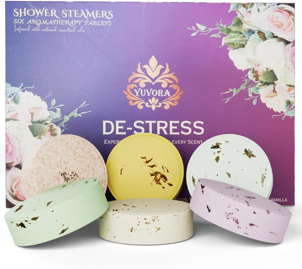 Shower Steamers Gift Set  6 Aromatherapy Shower Bombs with Essential Oils  Relaxation & Stress Relief Spa Gift for Women & Men  Natural Self-Care Shower Fizzies  Home Spa Kit  De-Stress Scents