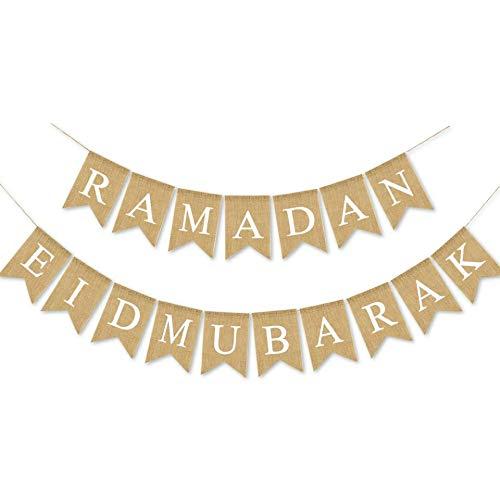 SWYOUN Burlap Ramadan Eid Mubarak Banner Supplies Muslim Fireplace Mantel Decoration