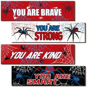 Geetery 4 Pcs Spider Theme Sign Inspirational Spider Wall Room Decor Wood Art Prints for Kids Boys Home Bedroom Playroom Game Room Birthday Gifts