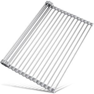 Tomorotec 21" x 15.5" Roll Up Dish Drying Rack Over Sink Drying Rack Sink Cover Kitchen Sink Accessories Gadget Multipurpose Organizer Foldable Stainless Steel Drainer