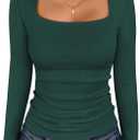 ANRABESS Long Sleeve Shirts for Women Square Neck Tops Ribbed Knit Slim Fit Basic Tee Going Out Fall Fashion Clothing (X-Large, Deep Green)