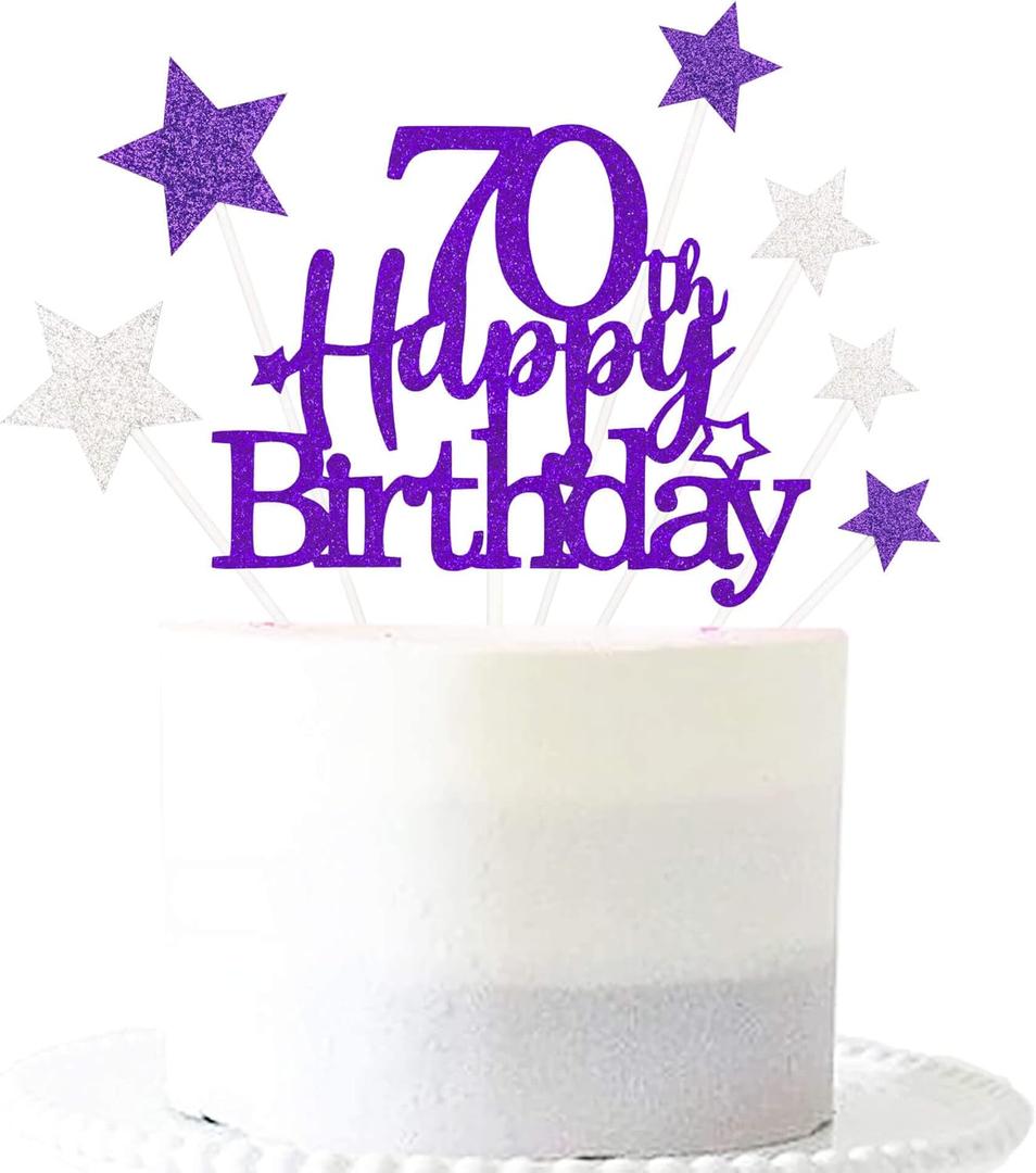 2 x Glittery 70th Happy Birthday Cake Topper with Star,Personalised 70 Birthday Cake Toppers Party Decorations Party Supplies for Men Women Purple Silver