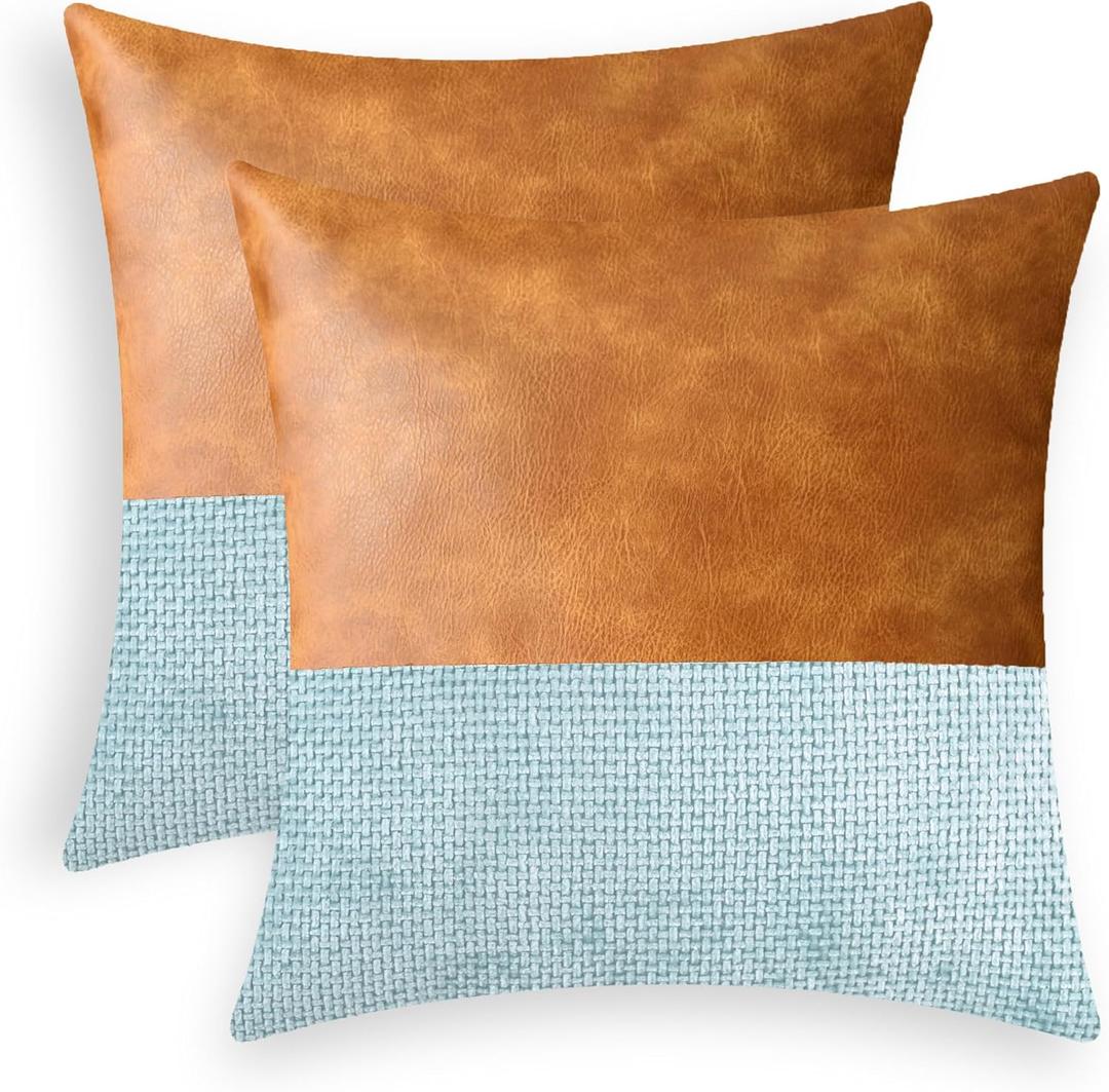 CaliTime Throw Pillow Covers Pack of 2 Soft Faux Leather Solid Dyed Cross Chenille Cushion Cases for Couch Sofa Home Decoration 18 X 18 Inches Smoke Blue