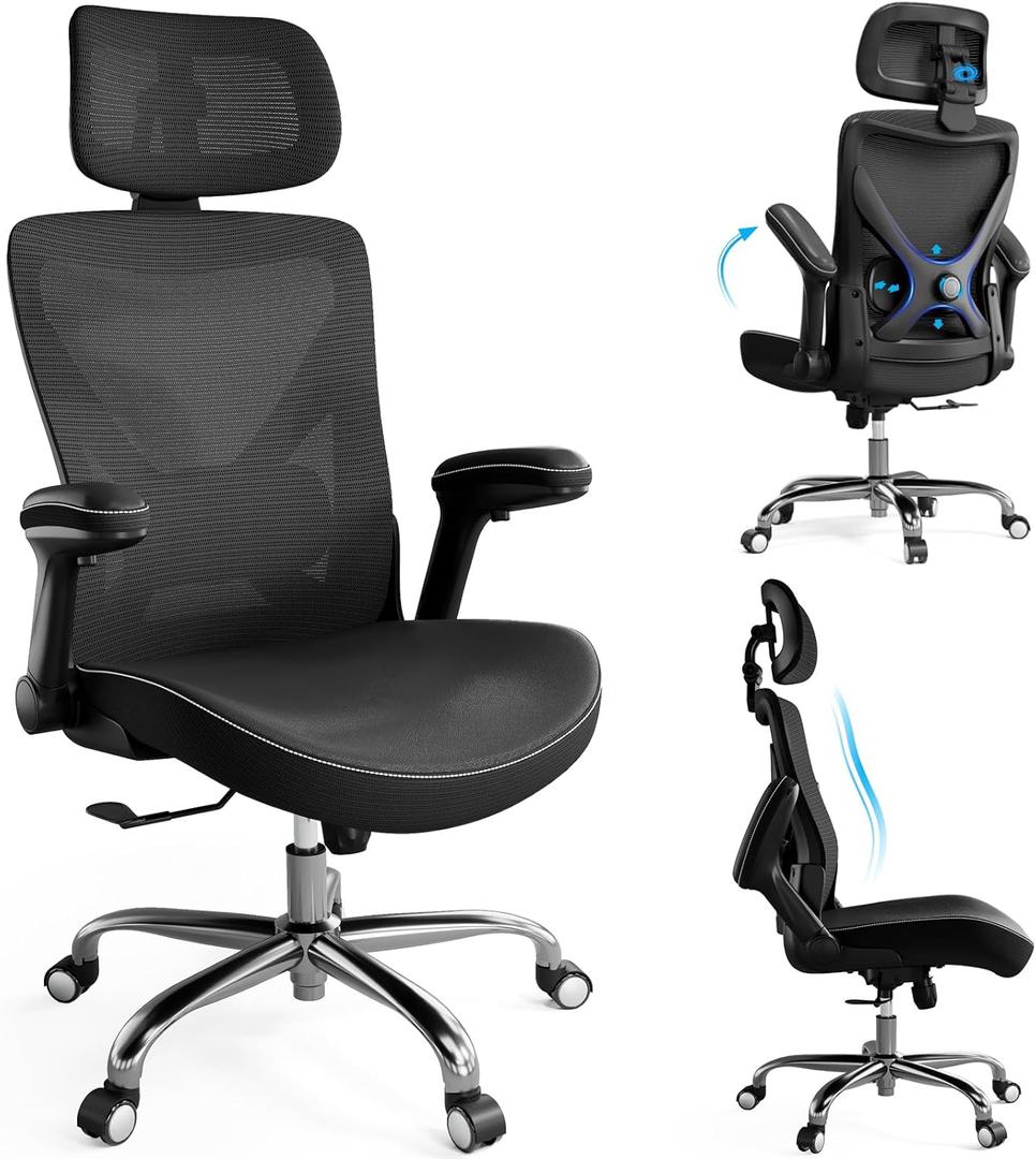 Ergonomic Office Chair-Computer X-Shaped Chair Mesh PU Leather with Adjustable Lumbar Support-Executive Desk Chair High Back with Headrest Flip-Up Arms for Long Hours (Black)