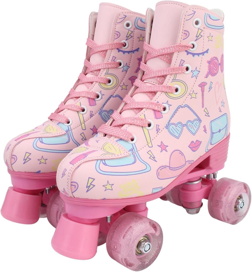 XUDREZ Roller Skates for Girls, Cute Light-up 4 Wheels Kids Skates, High-top PU Leather Rollerskates Perfect Indoor Outdoor Double Row Roller Skates (33-Youth 2/ Women's 3.5/ Men's 3, Pink Print)