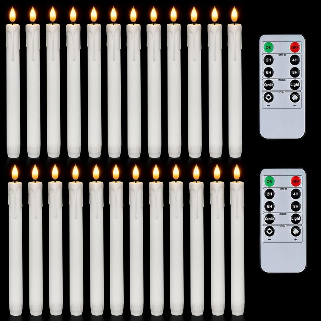 Homemory 24 Pcs Plastic Flameless Taper Candles with Remote Timer Dimmer, White Taper Candles Battery Operated with Flickering Flame Light Lifelike Led Candlesticks for Indoor Decoration 9.6 Inches