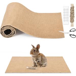 Rabbit Scratch Pad 3.28FT Self Adhesive Cuttable Rabbit Scratching Pad with Seagrass Sweet Bamboo Stick Biting Toys and Sticky Dot Stickers, Claws and Teeth Care Animal Scratching Mats for Pet Cages