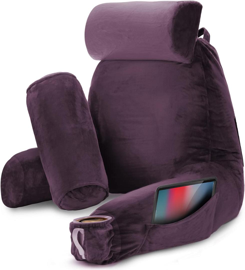 Nestl Reading Pillow with Shredded Memory Foam Includes 2 Neck and Lumber Support Pillows, Designed for Sitting Up in Bed and Couch, Back and Arms Adjustable Support for Adult & Teens, Purple, Large 22"