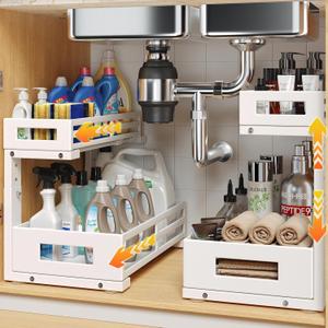 L-Shaped Metal Under Sink Organizer, 2-Tier Double Pull-Out Cabinet Organizer for Kitchen & Bathroom Storage, Height Adjustable, Smooth Cylinder Rail, White, 2 Packs (2 Pack-15.7"Dx11.4"-16.34"H)
