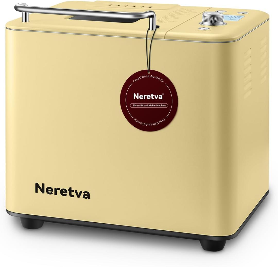 Neretva 20-IN-1 Bread Maker, Dual Heater 2LB Bread Machine Stainless Steel Bread Maker Machine Nonstick Ceramic Pan Compact for Gluten Free/Sourdough/Whole Wheat Bread/Yogurt, Breadmaker Recipe-Yellow 