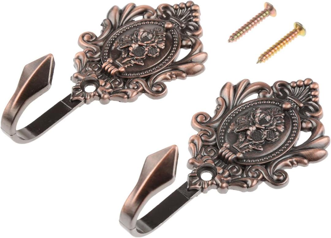 2Pcs Wall Hooks Red Copper Rose Pattern Carved Vintage Drapery Clothes Key Hook Bathroom Bedroom Multi-Function Decorative Hook with Screws