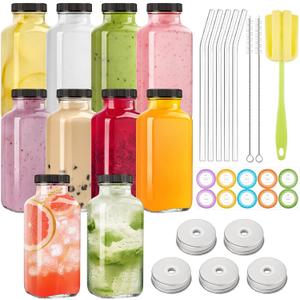 TUZAZO 10 Pack 12 Oz Glass Juice Bottles with Lids, Reusable Travel Drinking Jars Containers, Glass Bottles for Juicing, Smoothies, Kombucha, Milk, Coffee with Brush, Straws, Lids with Hole