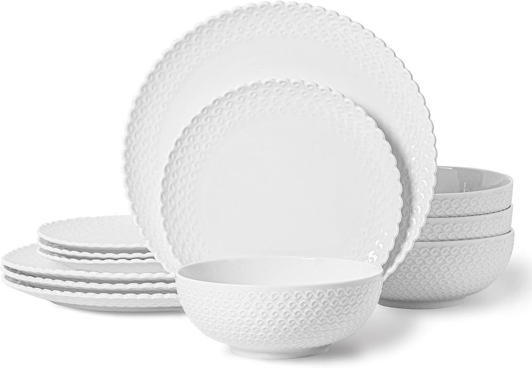 Dinnerware Set, 12 Piece Porcelain Dinnerware with Plates, Bowls and Dishes, Modern Dish Set for 4