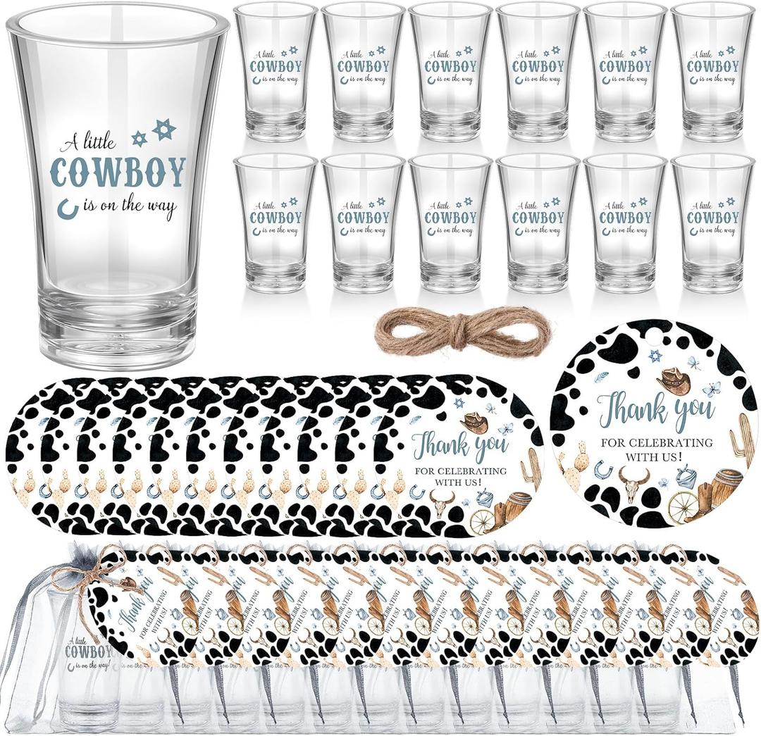 50 Sets Cowboy Baby Shower Favors for Guest A Little Cowboy is on the Way Acrylic Clear Shot Glasses Thank You Cards and Twine Organza Bags for Western Baby Shower Birthday Party Decorations