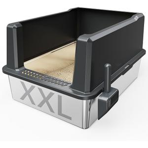XXL Stainless Steel Cat Litter Box Extra Large 28"x20.5"x14" Metal Litter Box High Sides for Big Cats&Multiple Cats, Jumbo with lid Easy to Clean, No Odor, Anti-Urine Leakage, Non-Sticky (XX-Large, Gray)