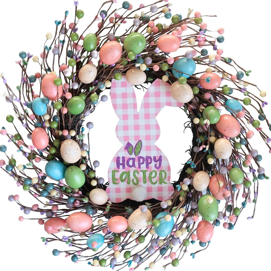 18 inch Easter Eggs Wreath for Front Door, Wall, Window, Fireplace, Artificial Easter Hanging Wreath with Plastic Foam Eggs, Grapevine, Plastic Berries, Multicolored