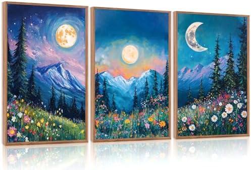 CHDITB Moon Above the Wildflowers Woodland Framed Canvas Wall Art (16"x24")，3 Pcs Abstract Midnight Landscape Nature Artwork Painting, Large Mystical Enchanted Pine Tree Forest Wall Decor for Bedroom Living Room Office