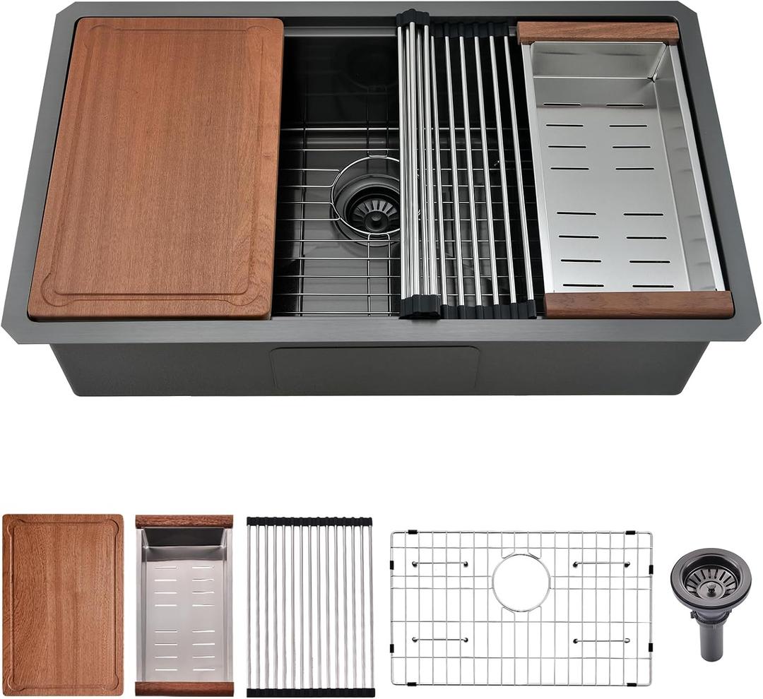 33x19 Undermount Kitchen Sink Black - Stainless Steel Undermount Workstation Sink Single Bowl with 5 Accessories