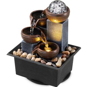 Tabletop Fountain 4 Level Tabletop Waterfall Indoor Meditation Fountain Office Home Relax Desktop Waterfall Pool Includes Many Natural River Rocks LED Lights Fixed Decorative Bubble Ball, Brown