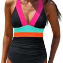 popvil One Piece Swimsuit Women 2025 Tummy Control Neon Color Block Bathing Suit Deep Vneck Tie Back Swim Suits Beach Size L