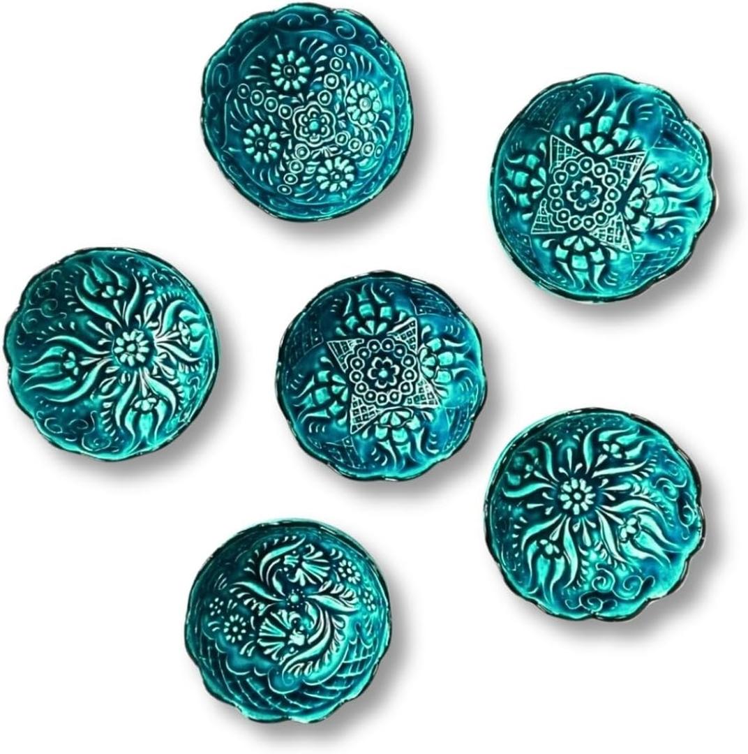 Handmade Decorative Turkish Ceramic Bowl Set of 4, Green Pinch Bowls for Dipping & Serving - Small Versatile and Unique Charcuterie Accessories, Mini Sauce Dish, Floral Pattern Snack Bowls