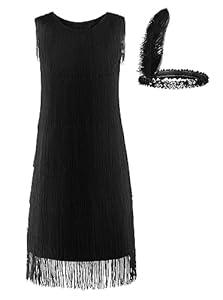 JerrisApparel Girls Tassel Latin Dance Dress Fringe Flapper Costume Dress With Headband ( M, 7-9 Years, Black)