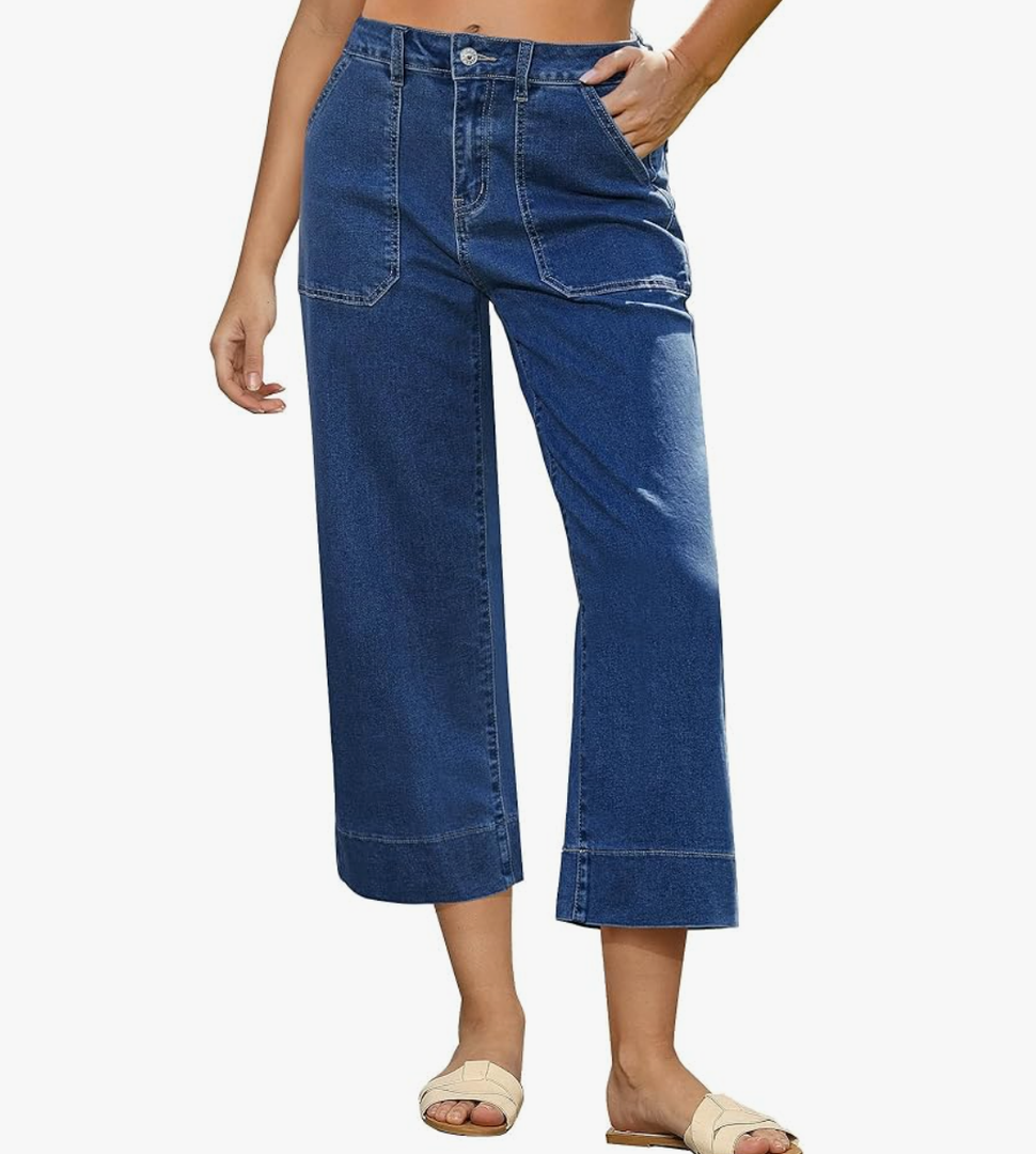 GRAPENT Capri Jeans for Women High Waisted Wide Leg Trendy Strechy Loose Straight Cropped Denim Jeans Pants with Pockets Medium