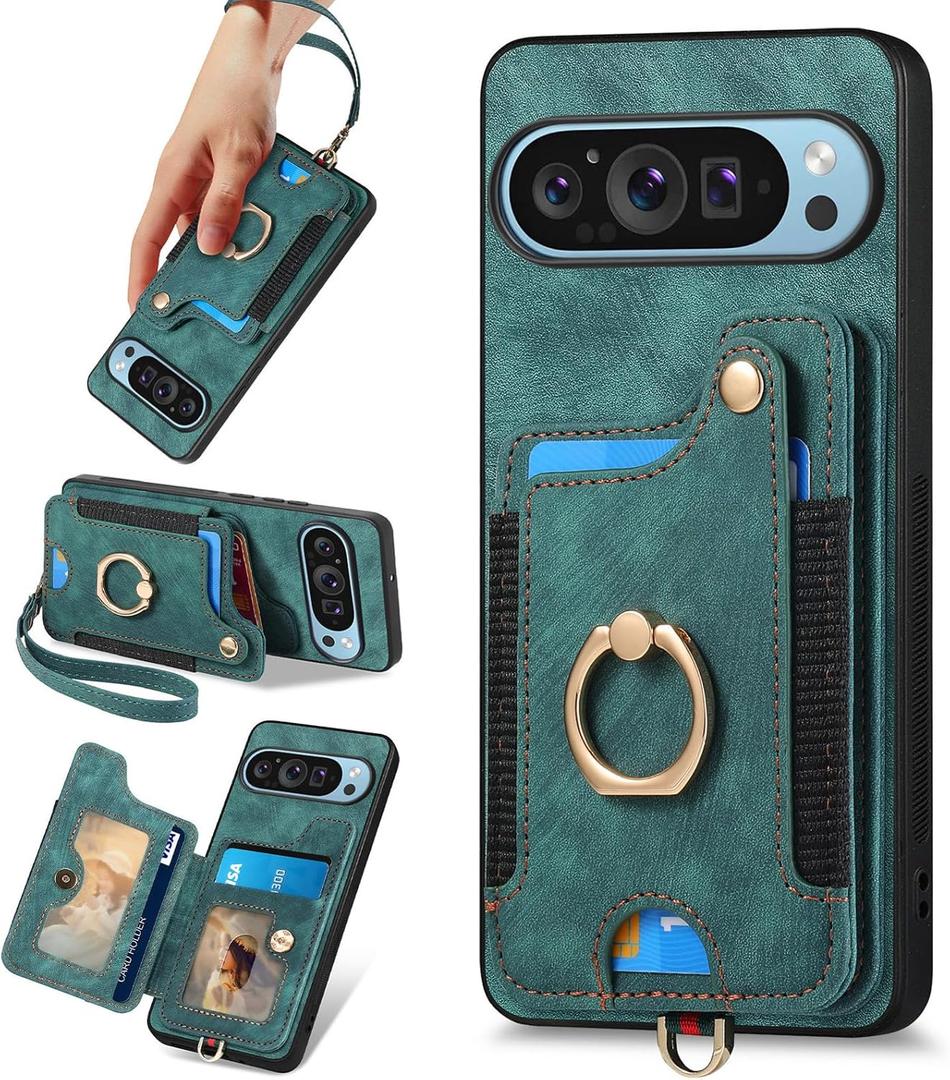 for Google Pixel 9 / Pixel 9 Pro Phone Case Wallet Card Holder, PU Leather Flip Folio Case, RFID Blocking Ring Holder Kickstand Wrist Strap Magnetic Protective Men Cover for Pixel 9 / Pixel 9 Pro Green