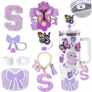 15PCS Cup Accessories Set for Stanley Cup 30oz 40oz Tumbler with Handle, Including Silicone Straw Cover and Boot, Handle Charm,Stanley Charms, Initials Sticker,Spill Proof Stopper (S, Purple)