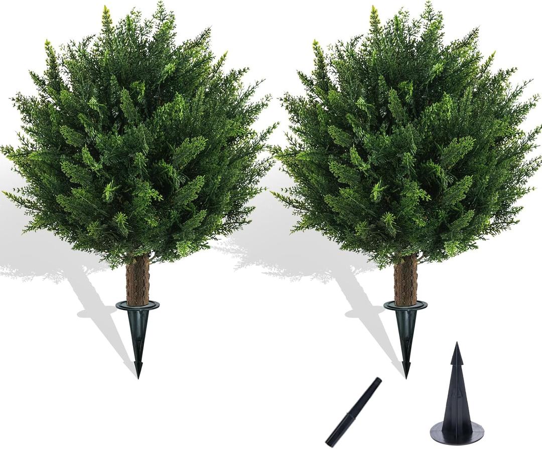 21" Artificial Cypress Topiary Outdoor Plants with Spike, 2 Pack Faux Cedar Bushes UV Resistant Fake Shrubs for Front Porch Dcor