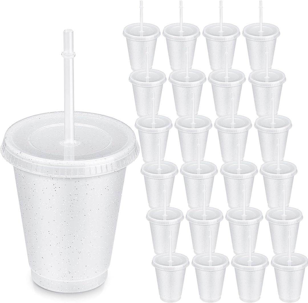 Roshtia 24 Pack Plastic Tumblers with Lid and Straw Reusable Cups Bulk Water Bottles Iced Coffee Travel Mug Cup for Birthdays Party Juices Adults Kids (White,16 oz), 4 Count