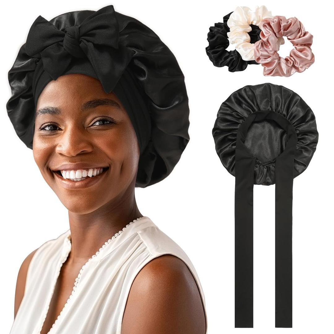 Satin Bonnet for Women Tie Band Hair Bonnet for Sleeping Large 2 Layered Silk Sleeping Cap Nightcap for Sleeping with 3PCS Hair Scrunchies (Black(Bonus3 Hair scrunchies))