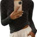 SHENHE Women's Polka Dots Sheer Mesh T Shirt Round Neck Slim Fitted Streetwear Top Black Medium
