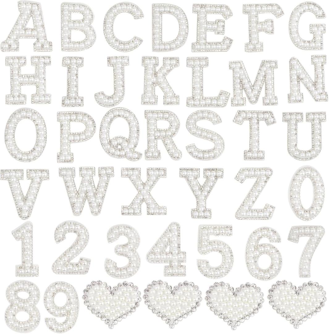 40PCS Pearl Rhinestone Letters Numbers Patches Self Adhesive Alphabet A-Z Glitter Number 0-9 Heart Pearls Repair Patch Stickers for DIY Clothing Bags Backpacks Crafts Decor (White with Silver Rhinestones)