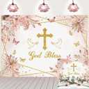 God Bless Backdrop Boho Floral Baptism Background First Holy Communion Party Decorations Background Christening Newborn Baby Shower Banner Photoshoot Props (8x6FT240x180cm)