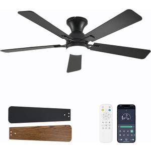 Ceiling Fans with Lights, 52 Inch Low Profile Ceiling Fan with Light and Remote Control, Flush Mount, Reversible, 3CCT, Dimmable LED, Quiet, Black Ceiling Fan for Bedroom, Living Room