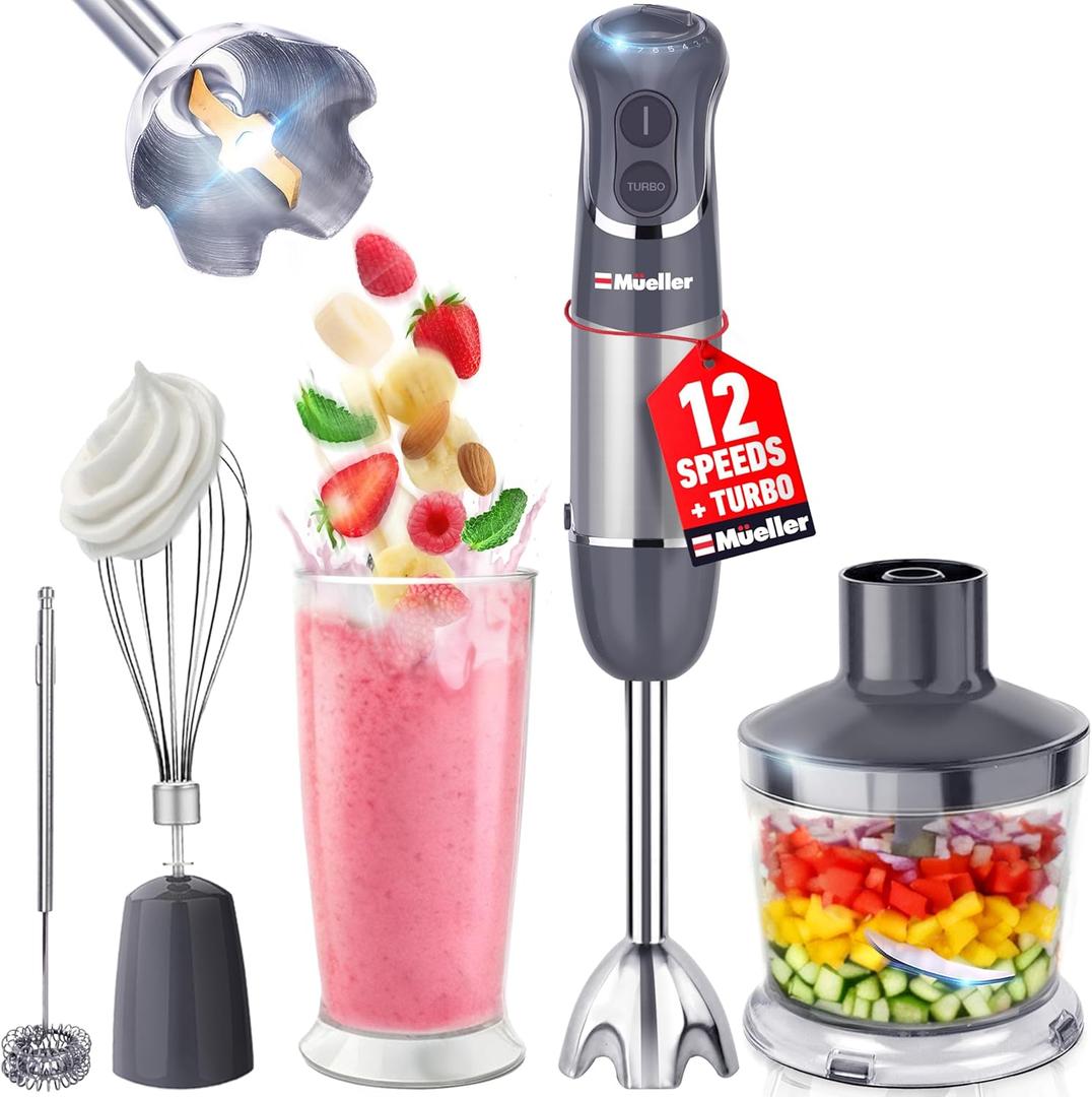 Mueller Multistick 5-in-1 Immersion Blender Handheld,12 Speed Hand Mixer-Turbo Boost, Heaviest Duty Copper Motor, Titanium reinforced Blades Hand Blender, Milk Frother Wand, Whisk, Beaker, Chopper (Gray)